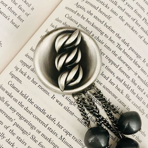 Vintage Modernist Style Brooch Silver Metal Dangle Beads Chain MCM Statement - Picture 3 of 8